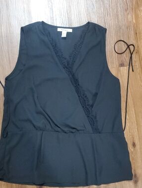 Revamped Black V-Neck Tank with Fringe Trim